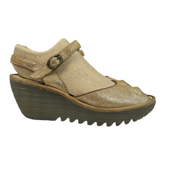 Fly London Yora Gold Peep Toe Wedge Sandals Size‎ EU 39 US 8-8.5 - Picture 1 of 10
